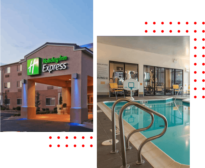 A collage of two pictures with the hotel and pool.