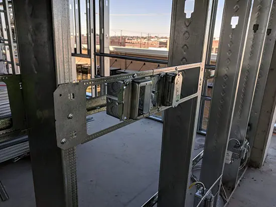 A view of the city from inside a building.